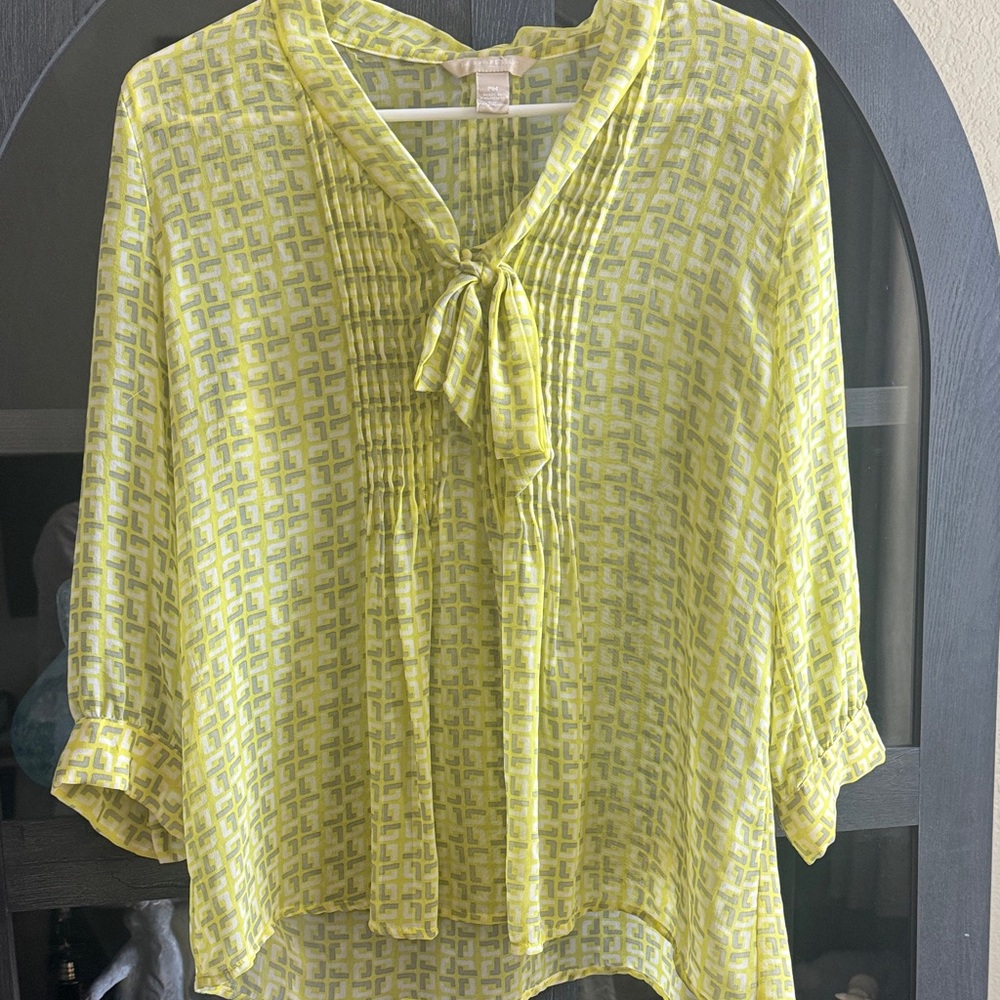Banana Republic Yellow Geometric Tie-Neck Blouse